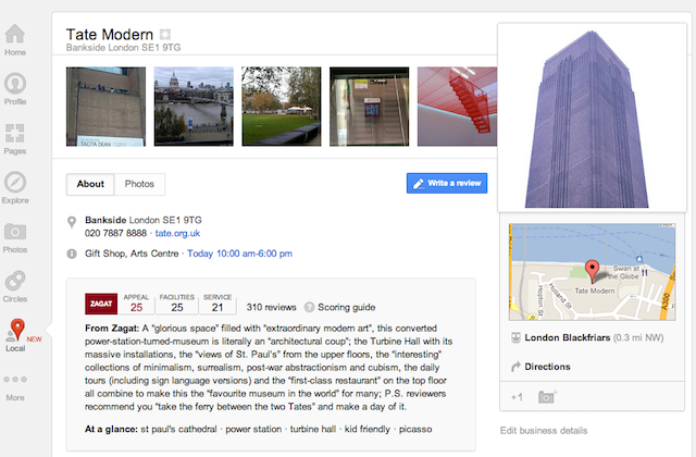 An extract from Tate Modern's Google+ Local page